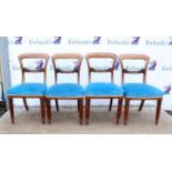 Set of six mahogany dining chairs with turquoise upholstered seats, together with two associated