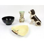 Clarice Cliff vase, Royal Stanley Ware Jacobean bowl, Goebel figures, Lenham pottery dog,