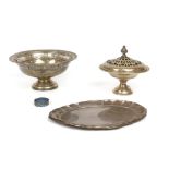 Sterling silver footed bowl and cover, another sterling silver bowl, both with filled bases,
