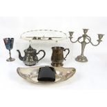 Quantity of silver-plated items to include trays, hip flask, cigarette box, twin branch candelabrum,