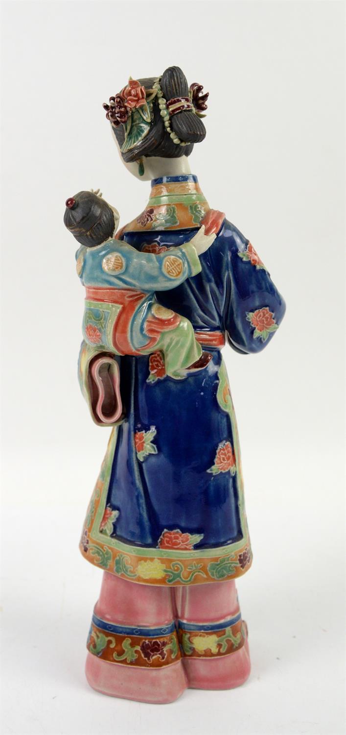 Polychrome ceramic Manchu/Chinese girl and child, signed to interior - Image 10 of 14