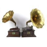 Two HMV gramophones with brass horns,