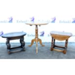 Pine tilt top table, a small drop leaf table and an oak side table with oval top (3)