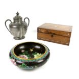 James Dixon self pouring pewter teapot, wooden box with mother of pearl inlay, a cloissonne dish,