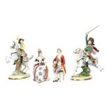 20th century Volkstedt porcelain figural group of Hussar on horseback, another figure on horseback,