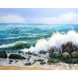 Sandra Francis (Contemporary British), 'Crashing Waves on the Rocks', acrylic on canvas,