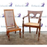 Nursing chair with caned backrest and seat on turned legs, together with a mahogany armchair with