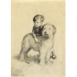 J H Dowd (British 1884-1956), Young boy and an Old English Sheep dog, monochrome etching on paper,