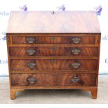 19th century mahogany bureau with fall front revealing fitted interior, over three graduating