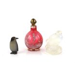 Mary Gregory small scent bottle with stopper, glass bird and a small glass penguin