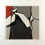 L'Apparition Rouge E/A II, dated '90, abstract screen-print in black, grey, red and white,