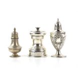 Edwardian silver pepper grinder, rubbed marks for Birmingham 1906 and two other silver pepperettes