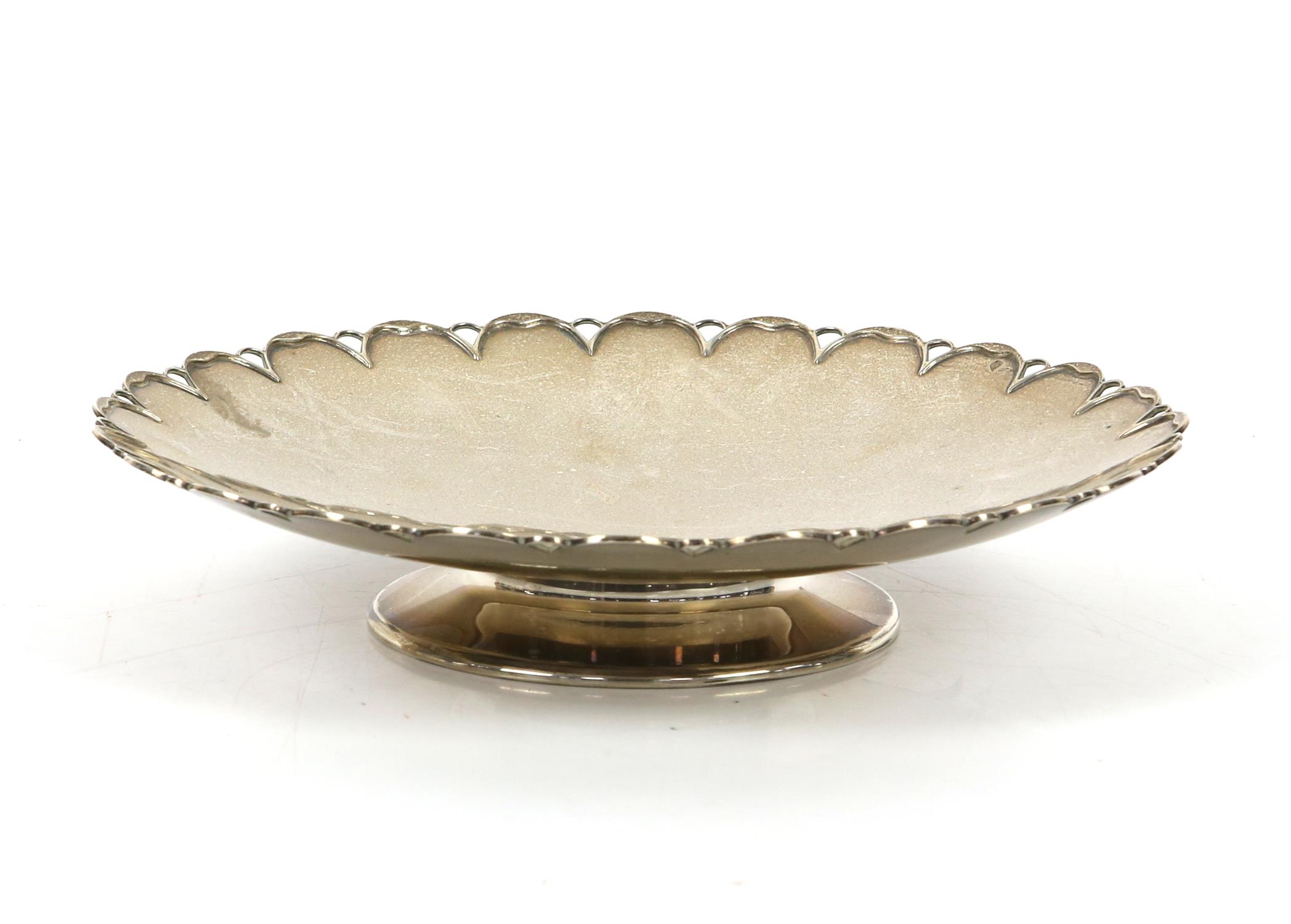 Modern silver dish with pierced lobed rim, on round foot, by Mappin & Webb, Sheffield, 1973, - Image 2 of 22