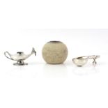 Large Chester silver and stone ball table vesta, a silver Aladdin lamp lighter and a silver cigar