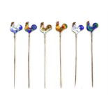 Set of six sterling silver and enamel cockrell cocktail sticks, each bird in a different colour or