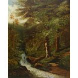 Late 19th century British school, stream through a woodland, oil on canvas, indistinctly signed and