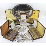 Silver plated twin-handled tray with beaded border and a large selection of mostly French silver