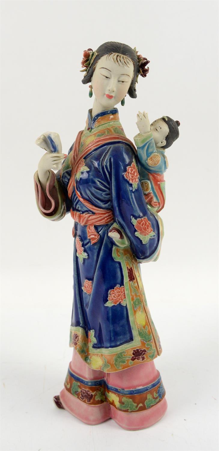 Polychrome ceramic Manchu/Chinese girl and child, signed to interior - Image 8 of 14