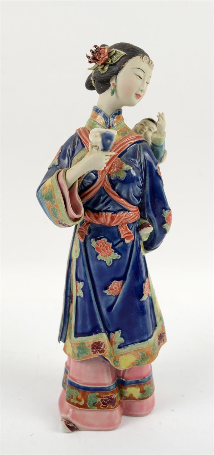 Polychrome ceramic Manchu/Chinese girl and child, signed to interior - Image 2 of 14