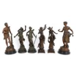 Art Nouveau style Spelter or cast metal figures, two pairs after Moreau and a pair after Rancoulet