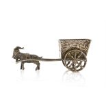 Continental silver novelty silver dish/salt with embossed design in the form of a cart being pulled