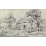 F G Cotman, British 1850-1920, farmyard scene with barn, pigs and trees, signed, pencil on paper,