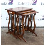 Nest of three yew wood veneer tables with lyre supports, tallest H57 x W49cm x D34.5cm