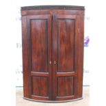 Mahogany bow fronted corner cupboard, with dentil cornice above two doors, with shell paterae and