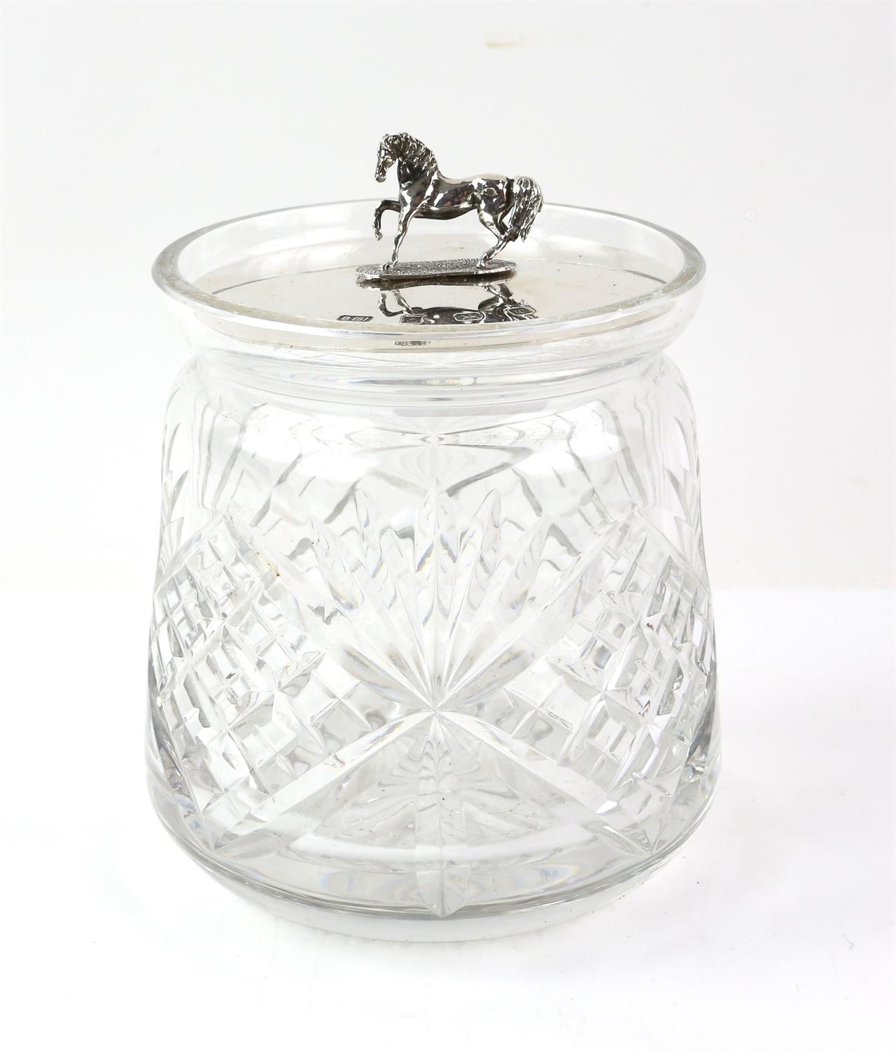 Silver topped biscuit barrel with horse form handle/finial by B.S Birmingham 1996