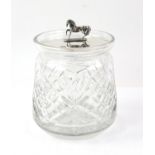 Silver topped biscuit barrel with horse form handle/finial by B.S Birmingham 1996