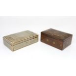Indian hardwood box with mother of pearl and copper and brass inlaid decoration, and a bone and