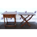 Indonesian mahogany folding table on X-frame support, H69 x W81 x D46cm, together with a