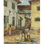 20th century oil on canvas, figures filling getting water from a pump in a street,