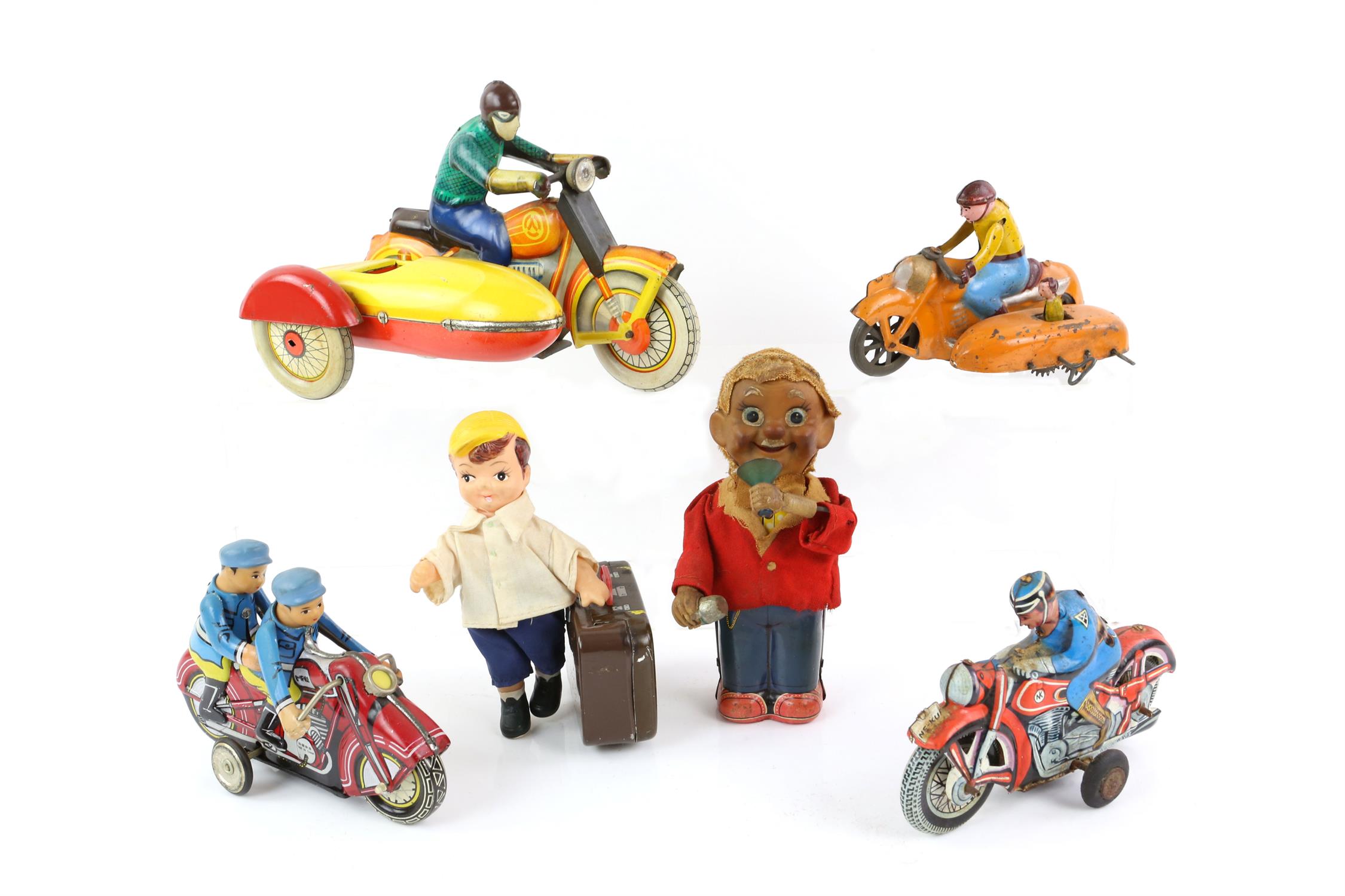 Collection of mostly Chinese tinplate clockwork and friction toys, including motorcycles and