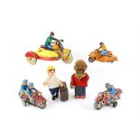 Collection of mostly Chinese tinplate clockwork and friction toys, including motorcycles and