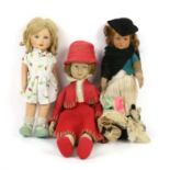 Lenci pressed felt girl doll with red hat, coat and shoes, marked to base of foot, 43cm high,