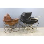 Leeway metal framed dolls pram, blue painted metal body and canvas roof, solid rubber tyres,