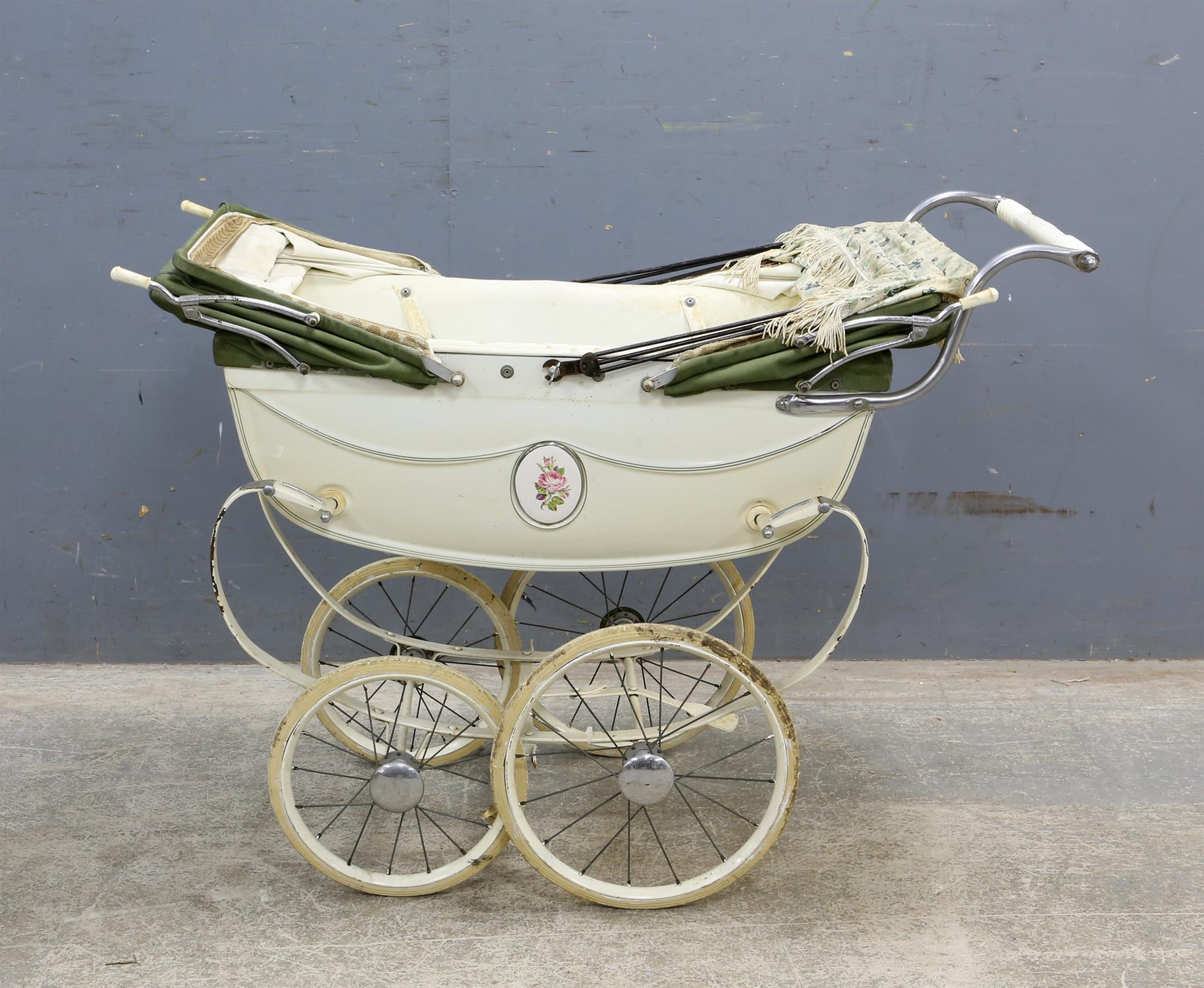 Simmons & Co., metal sprung, wood and leather dolls pram with metal spokes and solid rubber tyres, - Image 5 of 5