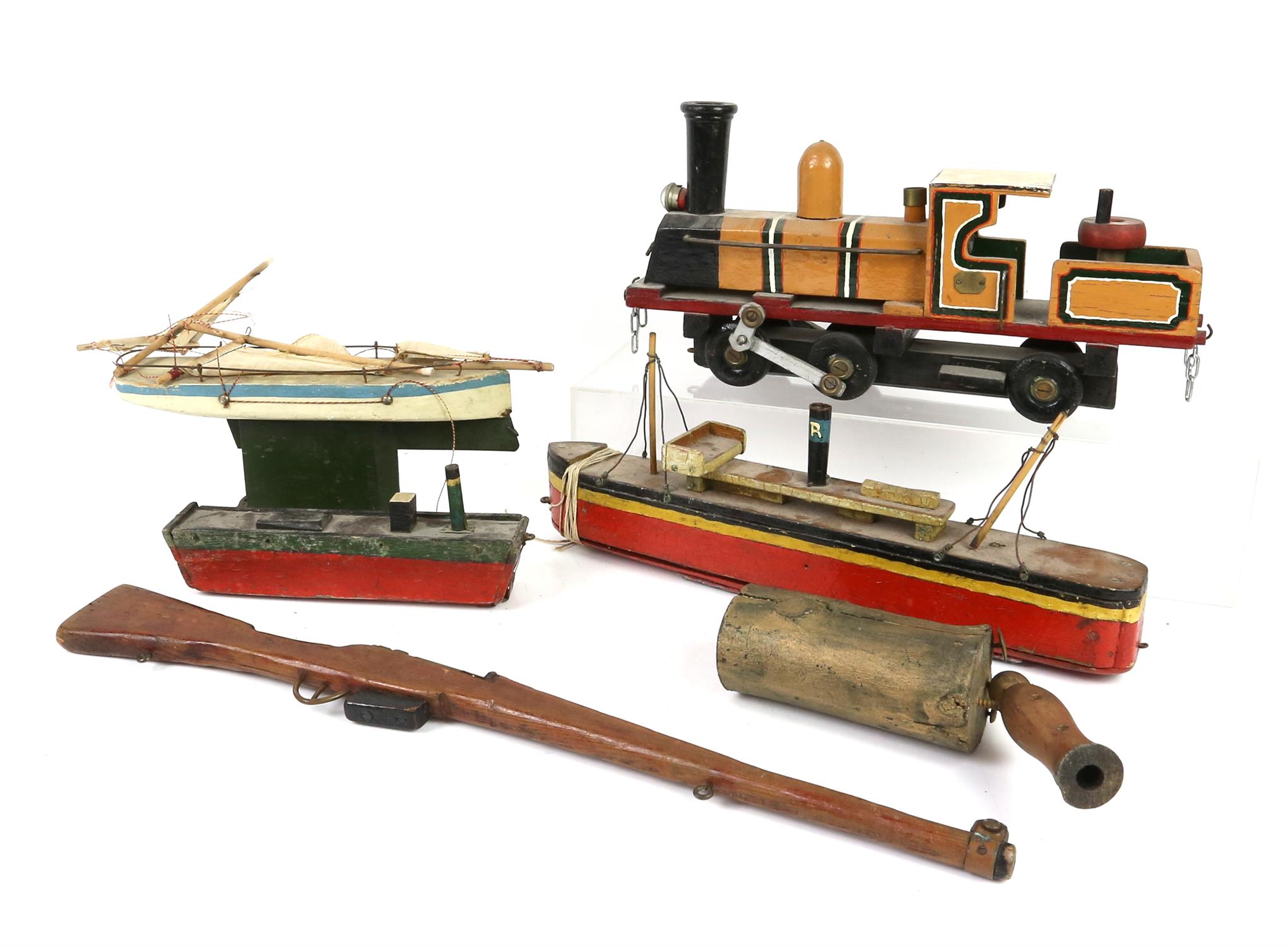 Cast metal model locomotive with rubber wheels and a similar goods wagon, other train related items - Image 2 of 2