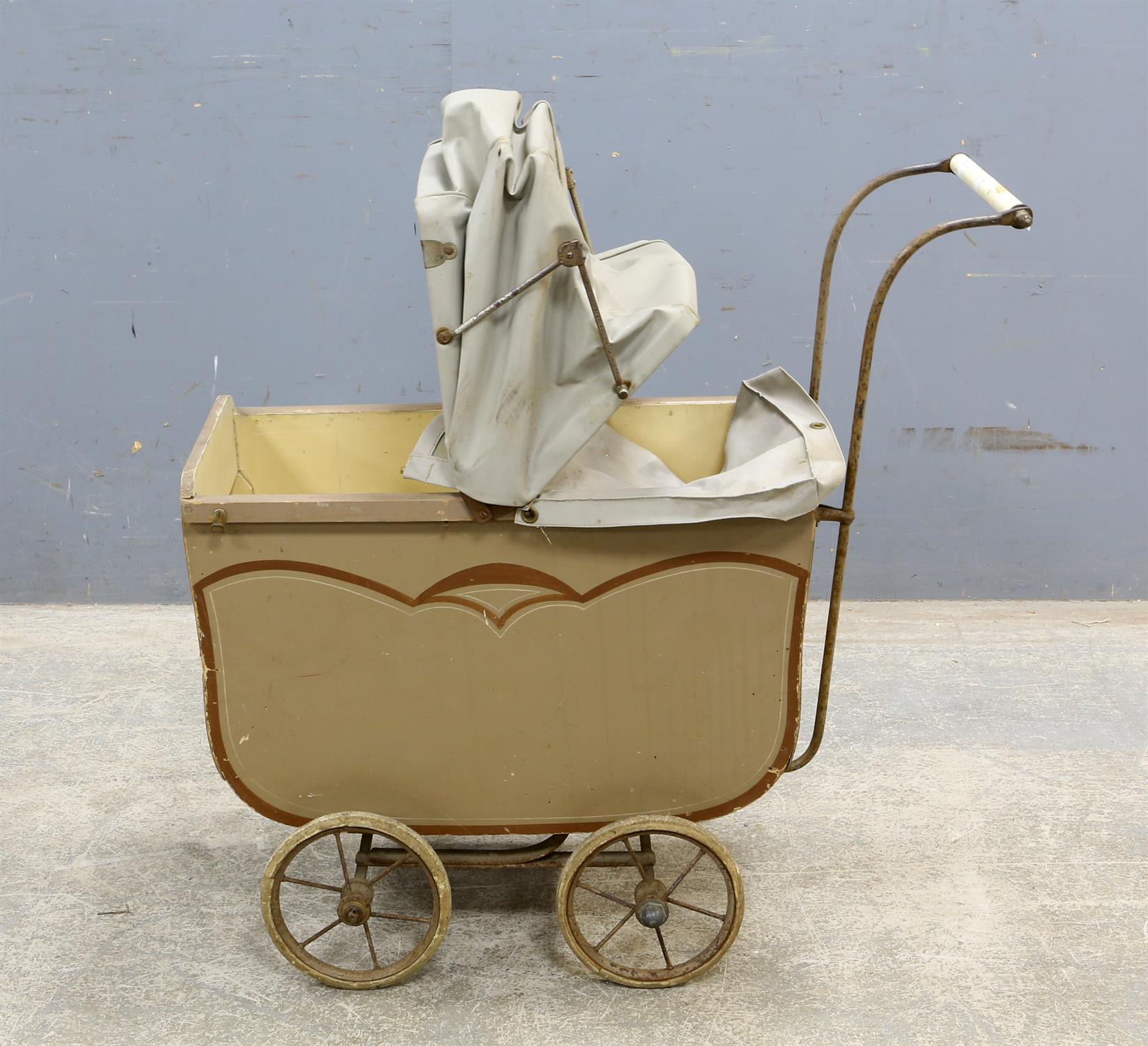 Simmons & Co., metal sprung, wood and leather dolls pram with metal spokes and solid rubber tyres, - Image 3 of 5