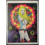 Psychedelic blacklight poster of a woman in boots, 1970s, artwork by Lalo, framed,