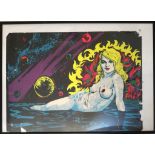 Psychedelic blacklight poster of a woman in a lake, 1972, artwork by Offredo, framed,