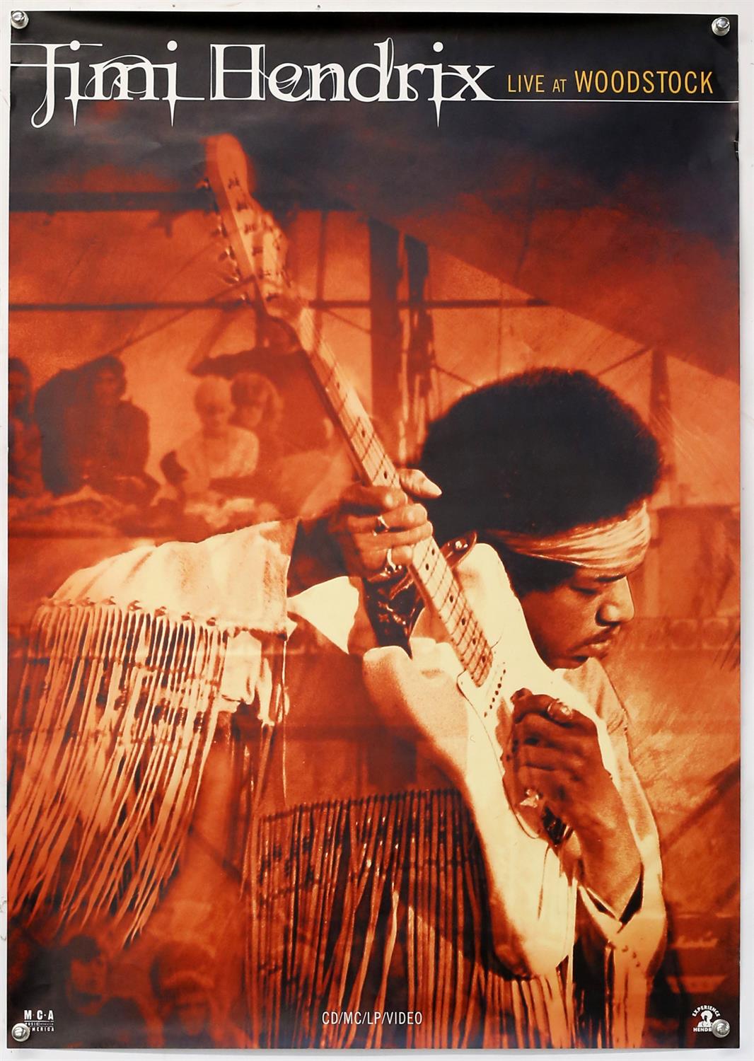 Jimi Hendrix - Live at Woodstock CD/MC/LP/Video promo poster, rolled, 23 1/4 x 33 inches.