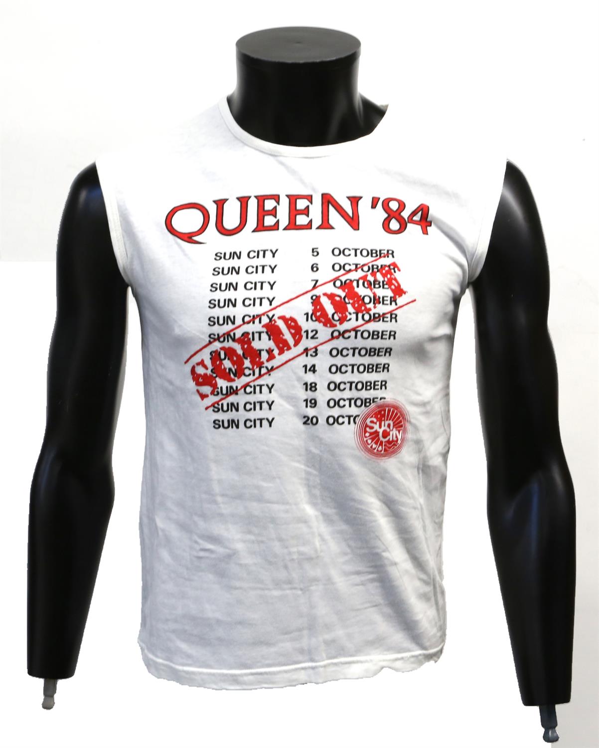 Queen - Crew sleeveless T shirt from Sun City 1984 given to Peter Hince, showing dates with 'SOLD