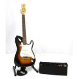 Encore Stratocaster style electric guitar with strap, stand and box of miscellaneous guitar