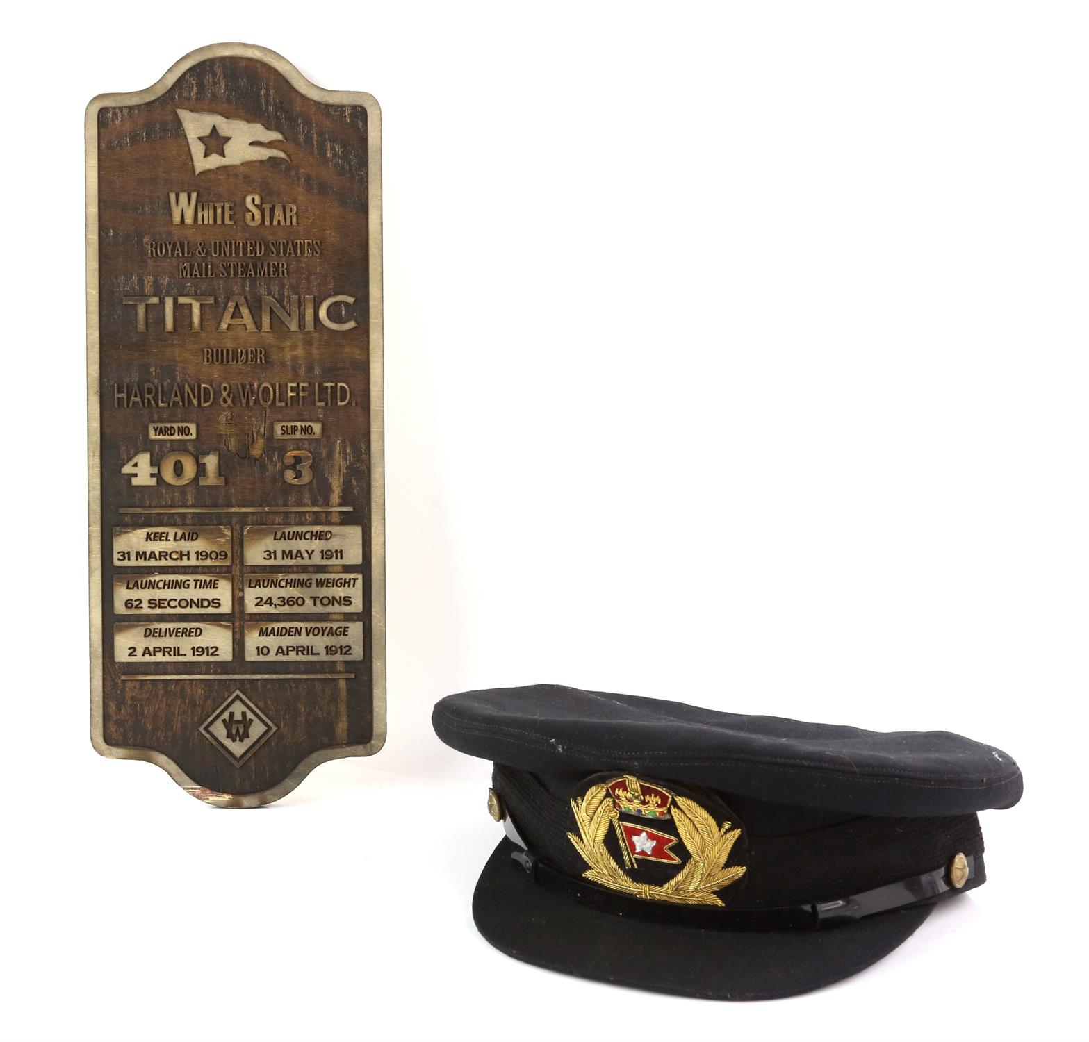Titanic (1997) an officer's hat and prop wall plaque - White Star Royal & United States Mail