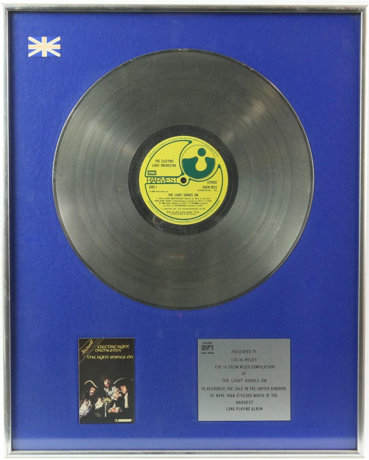 Electric Light Orchestra - Certified BPI Platinum Disc award presented to Colin Miles for (A Colin