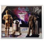 Star Wars - signed photograph of Mark Hamill, Carrie Fisher, Peter Mayhew (Mayhew also writing