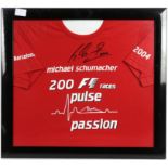 Michael Schumacher - signed Barcelona 2004 Formula 1 shirt, framed, 21 1/2 x 20 inches overall.