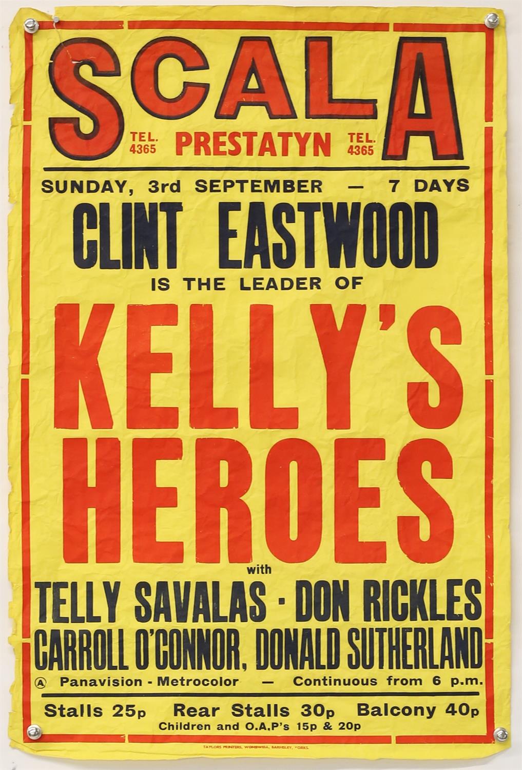 Kelly's Heroes (1970) British double crown cinema poster for the week long run at the Scala,